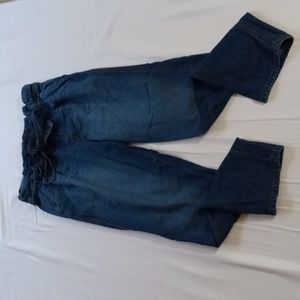 Grane "Delight" dark wash paper bag pleated front belted jeans